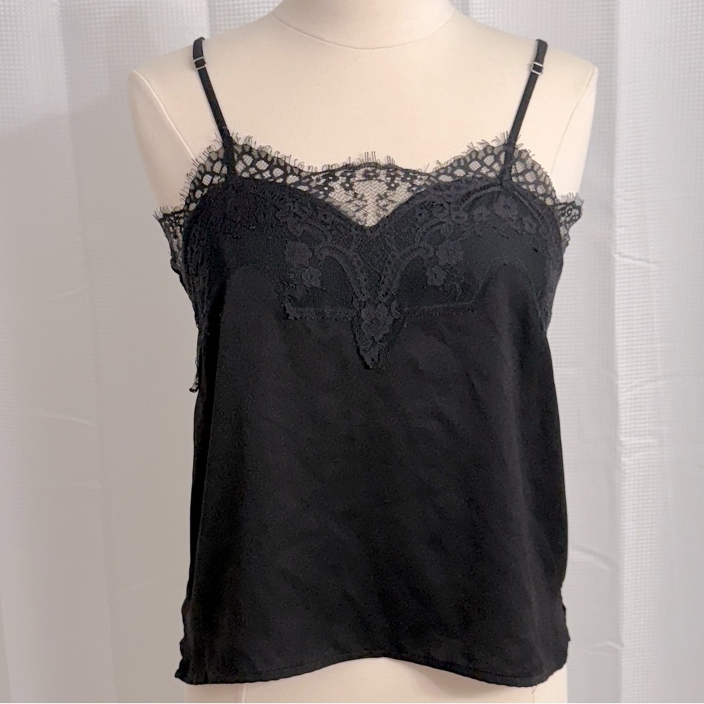 Michel Women's Spaghetti Strap, Lace Trim Flowy Camisole Top, Black, Size M